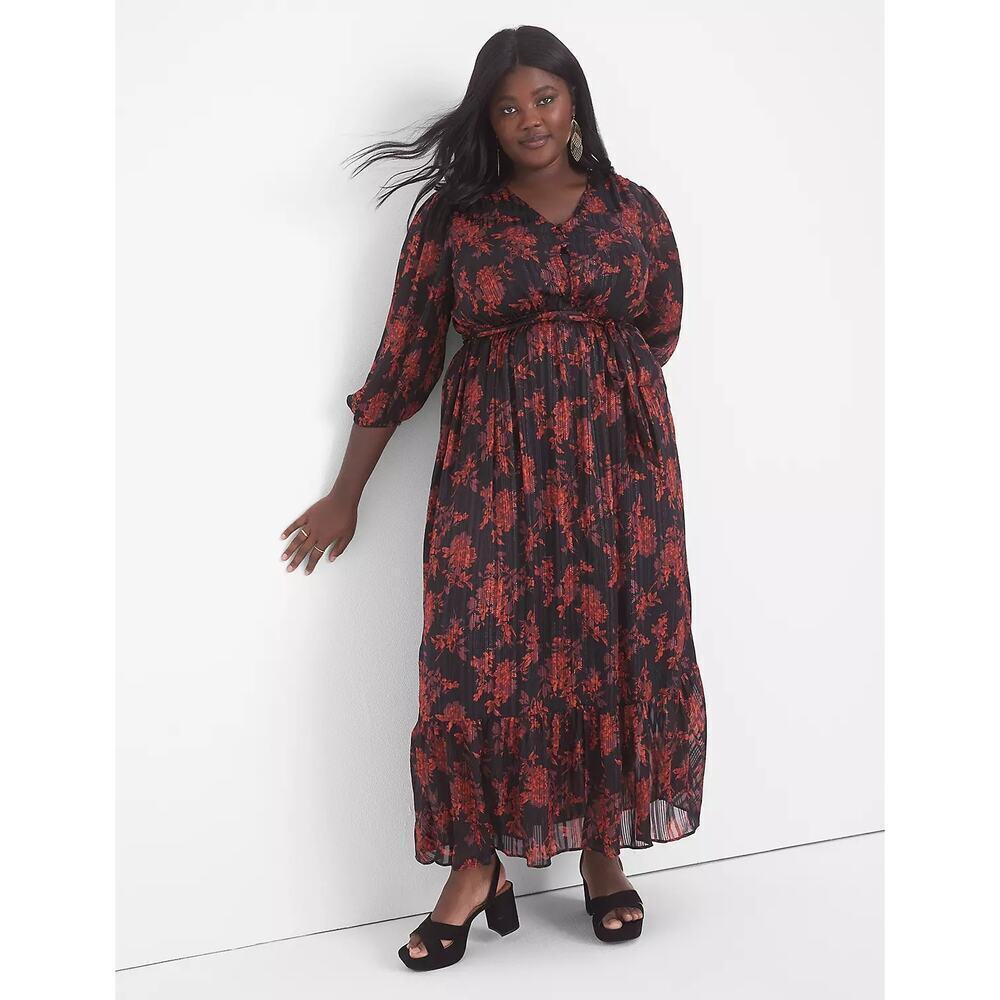 Lane Bryant red black floral Romantic 3/4-Sleeve Button-Down Maxi Dress sz 16